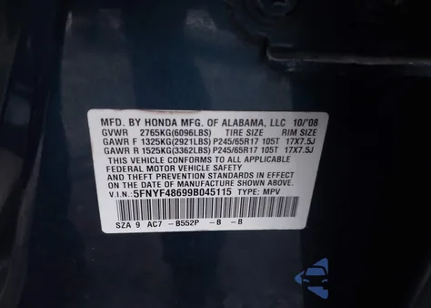 2009 Honda Pilot Ex-L from USA, damaged, VIN 5FNYF48699B045115